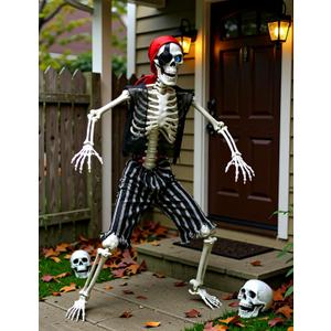 5.4Ft Life Size Halloween Pirate Skeleton - Posable with Glowing Eyes & Luminescent Paint, Full Body Life-Like Bones for Indoor Outdoor Halloween Decorations