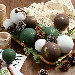 Waipfaru 14Pcs Large(3.15/2.36") Neutral Textured Christmas Balls Ornaments Vintage Rustic Christmas Tree Decorations Shatterproof Hanging Ball for Xmas Farmhouse Decor(Pinecone Frost Color) (White Brown Green)