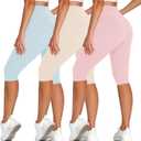 High Waisted 3 Pack Women's Capri Pants - Knee Length Yoga Shorts, Biker Workout Leggings for Women,Summer Activewear (Large-X-Large, White/Light Blue/Light Pink)