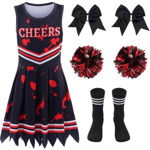 Zombie Cheerleader Costume for Girls Cheer Costumes Kids Halloween Scary Bloody Dress Accessories Set (X-Small(3-5 Years), Black)