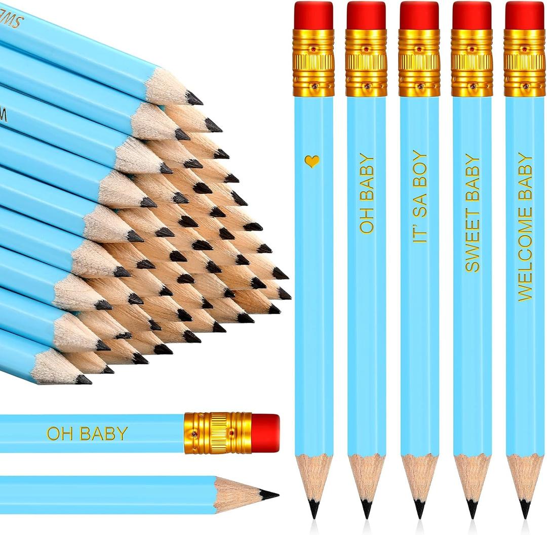 Crtiin 50 Pieces Baby Shower Pencils for Activities Mini Golf Half Pencils, Presharpened with Erasers, 4 Inch(Blue,Boy Style)