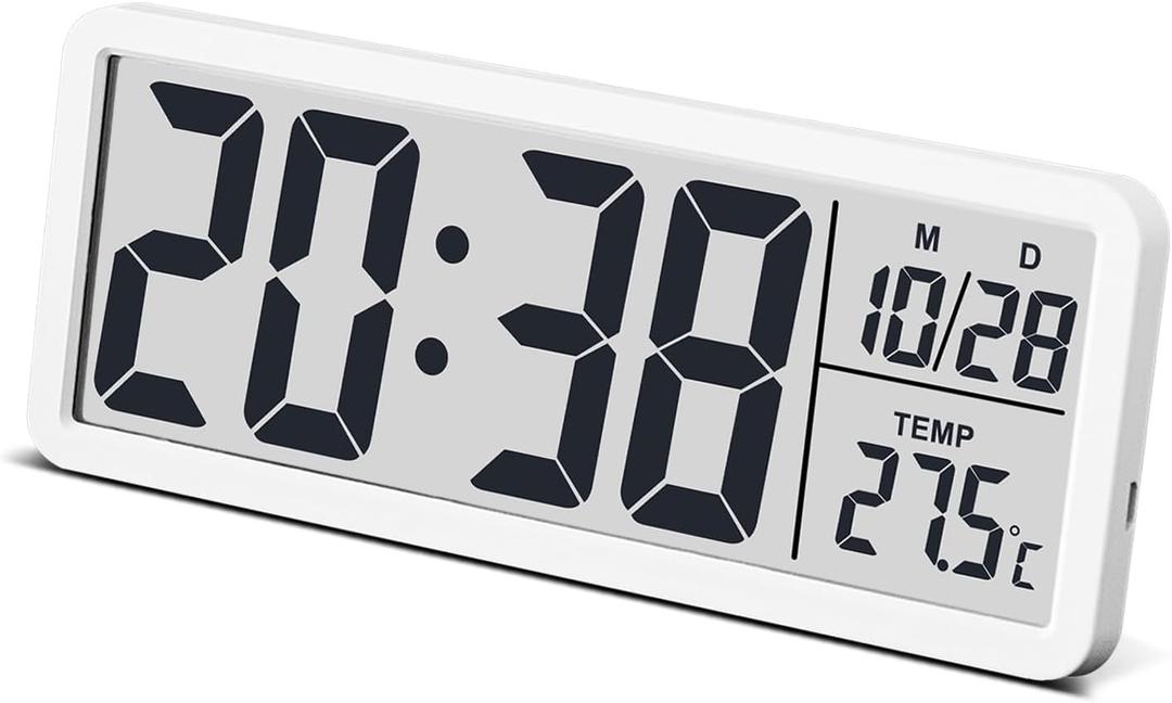 JoFomp LCD Digital Wall Clocks Battery Operated, 8.5" Modern Wall Clocks for Living Room Decor, Simple Digital Wall Clock with Temperature/Date/Time - 12/24H, Small Desk Clock for Bedroom Office (White)