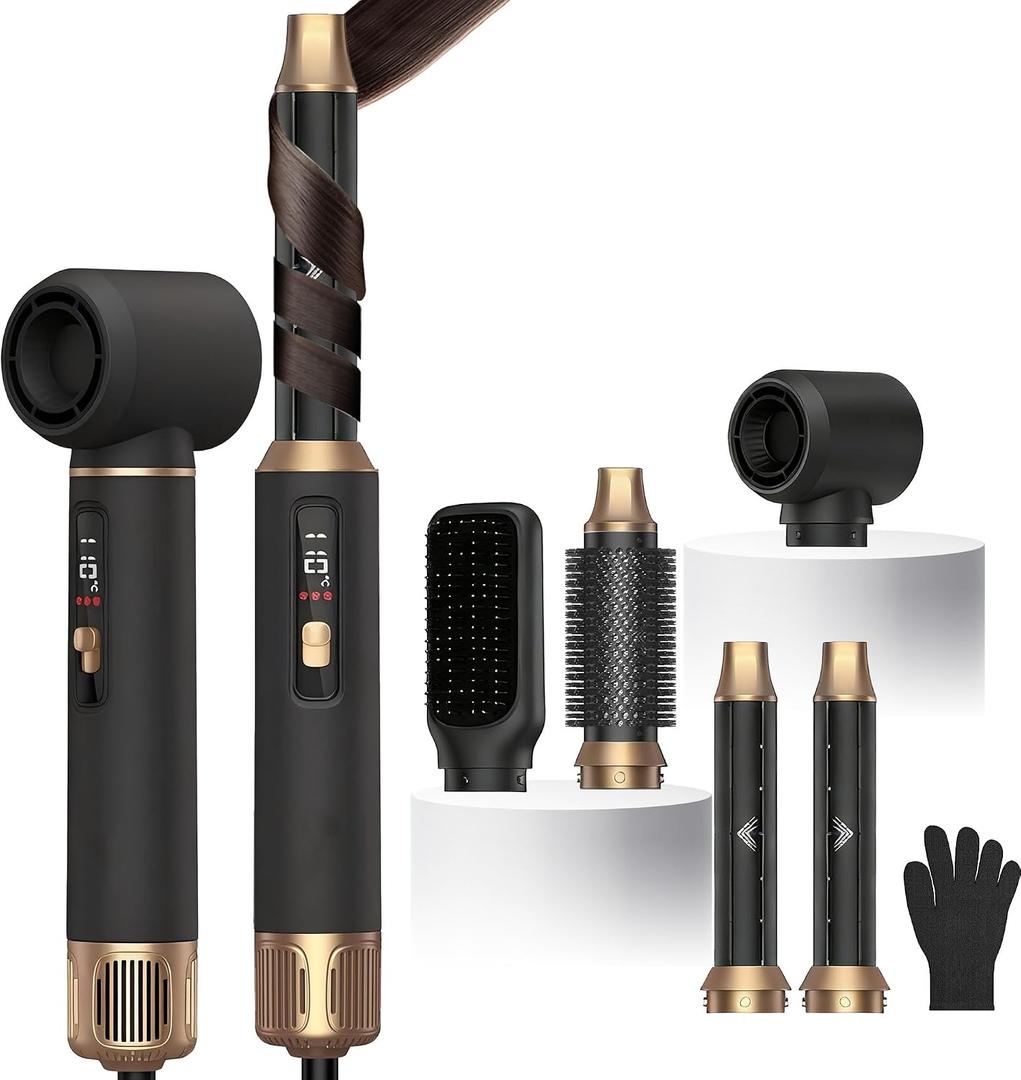 5 in 1 Hot Air Styler Brush, 1000W Hair Dryer with LCD Display, Auto Rotating Curler for Volumizing Fast Drying, Curling & Straightening Multi Styling Tools for All Hair with 3 Levels (Black)
