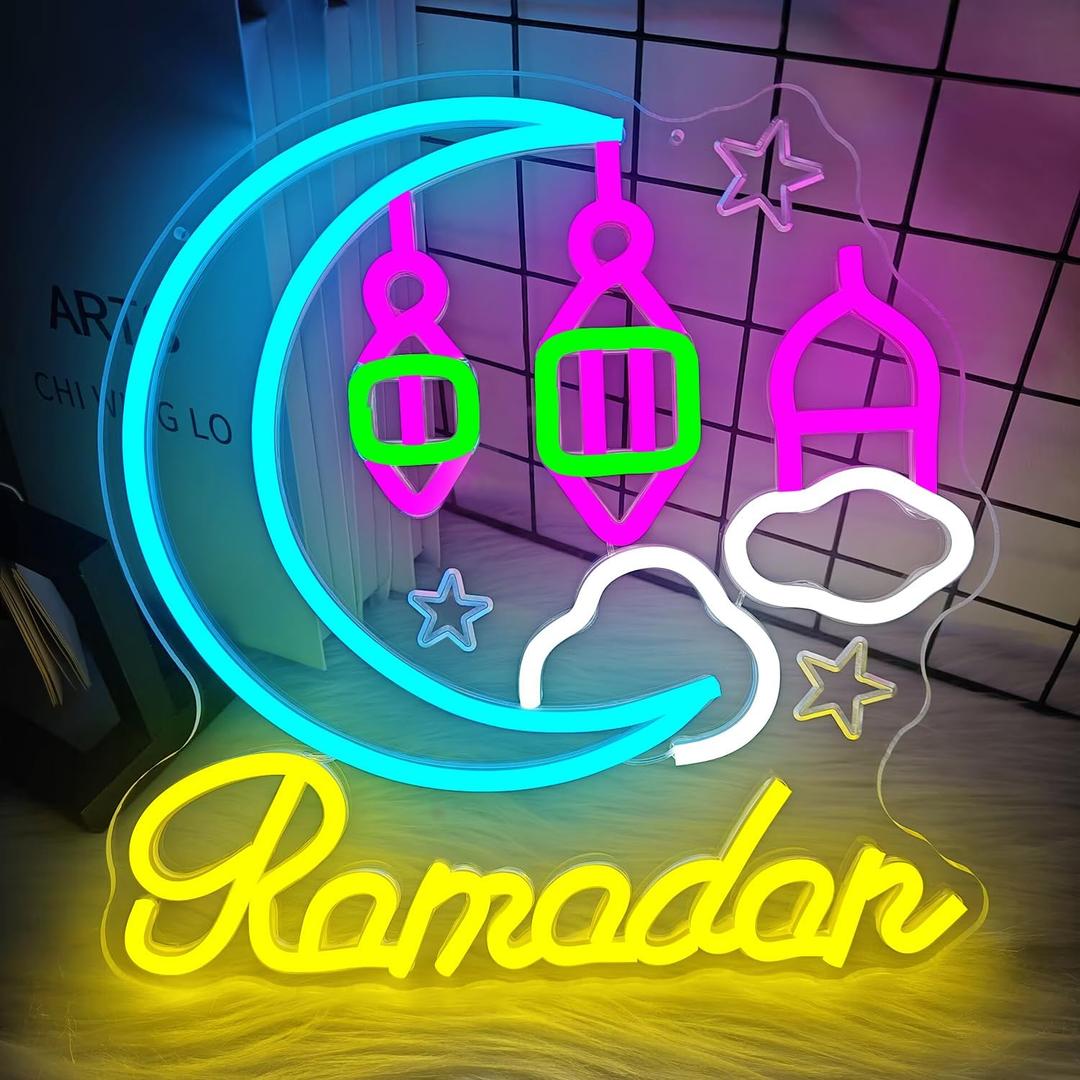 Ramadan Neon Sign Dimmable Moon Castle Neon Sign for Wall Decor Festival Light Sign led Window Light for Bedroom, Happy Lantern Light up Sign for Home, Holiday Party