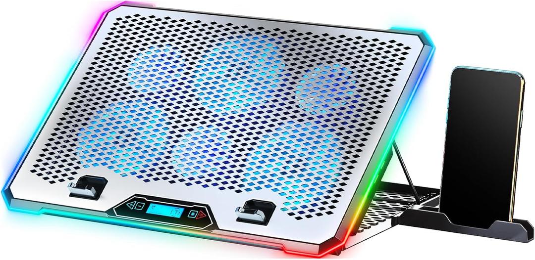 Aluminum Alloy Laptop Cooling PadRGB Gaming Laptop Cooler with 6 Quiet Cooling Fans for 15.6-17.3 inch laptops, 9 Height Stand, LCD Screen, 4 USB Ports with 1 3.0HUB 2 2.0HUB, Lap Desk Use
