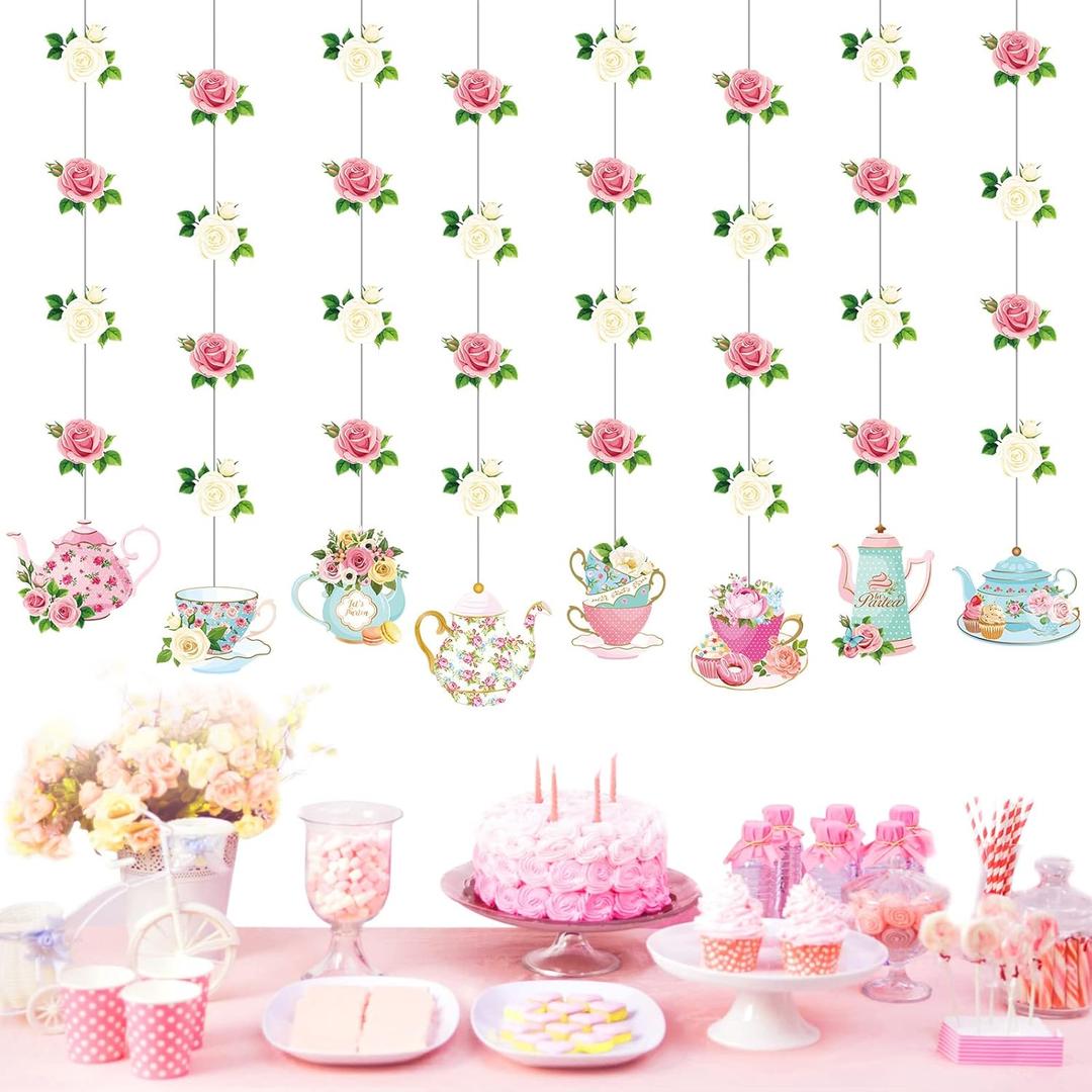 Faccito Floral Tea Party Decorations Double Sided Tea Party Hanging Garland Decor for Baby Shower Gender Reveal Bridal Wedding Favors Girls Women 32", 8 Pack