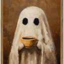 Cute Ghost Drinking Coffee Wall Art Spooky Ghost Halloween Kitchen Wall Decor Picture Gothic Dark Academia Canvas Painting Print for Bedroom Living Room 24x16 inch Wood Framed