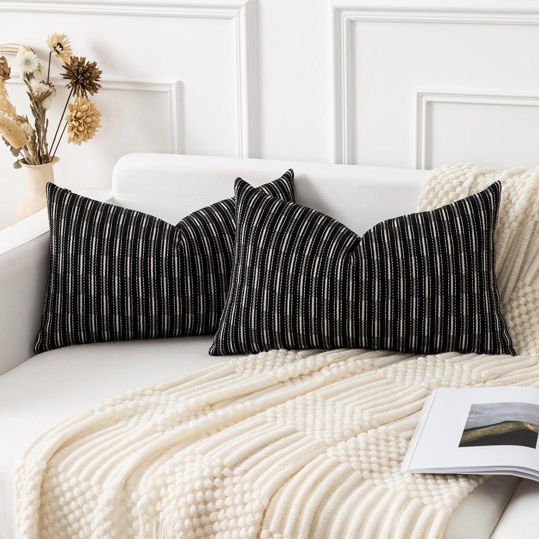 Kevin Textile Pack of 2 Farmhouse Throw Pillow Covers Boho Woven Texture Linen Striped Decorative Pillow Cases for Couch Bed and Chair, Black 12 x 20 inches 30 x 50 cm