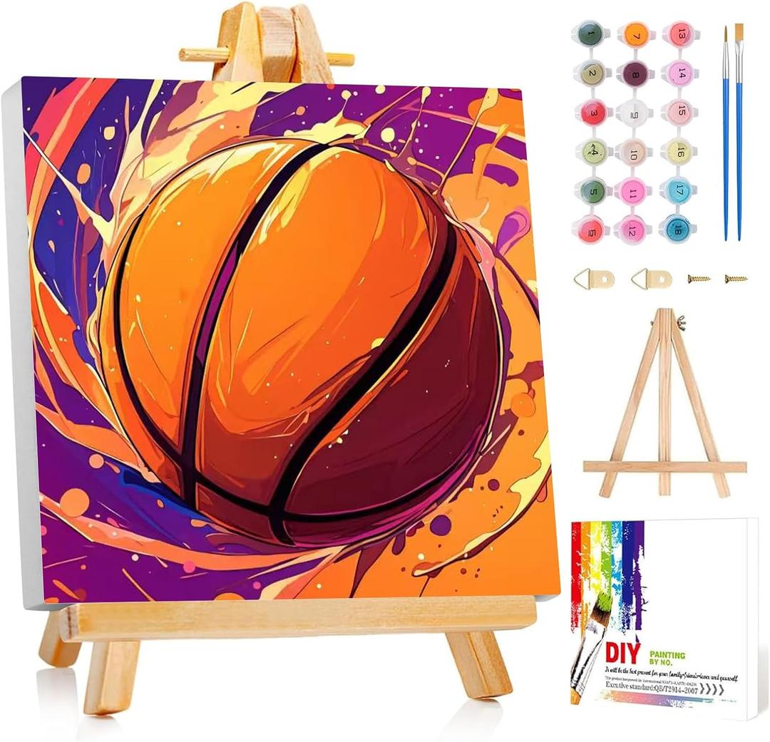 Reivworl Paint by Numbers Kit for Kids with Frame and Easel, Basketball Paint by Number for Kids Age 6-8-12, Paint by Numbers for Gifts and Home Decor (8X8inch)