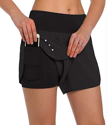 Ksmien Women's 2 in 1 Running Shorts - Lightweight Athletic Workout Gym Yoga Shorts Liner with Phone Pockets Black, Size medium