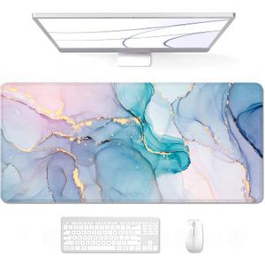 Auhoahsil Large Mouse Pad, XXL Gaming Mousepad, Desk Mat for Desktop, Thick Rubber, Big & Long Size, Stitched Edges, Full Desk Pad for Laptop & Computer, Extended 31.5 x 11.8 in, Blue Pink Marble
