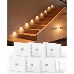 Yiliaw Motion Sensor Stair Light Indoor, White Automatic Lights with Magnetic Mount, Rechargeable Night Lights, Dimmable Battery Operated for Hallway, Stairway, Bathroom, Closet, Kitchen, 6 Pack