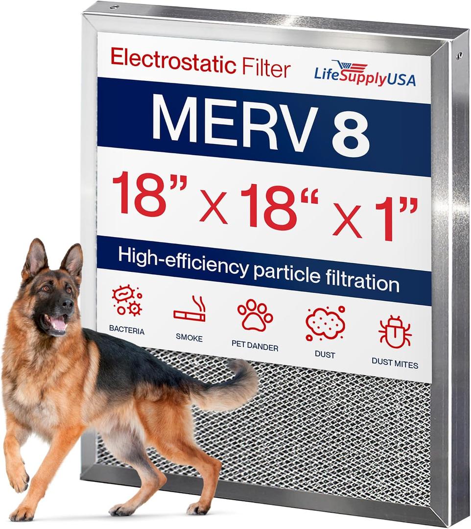 18x18x1 Electrostatic Air Filter, MERV 8, Washable, Reusable Furnace AC/HVAC Filter, Energy Saving, Easy to Clean, Long-Lasting by LifeSupplyUSA