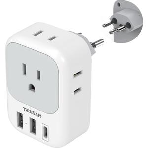 TESSAN Switzerland Power Adapter, Swiss Travel Adaptor with 4 American Outlets 3 USB Charger (1 USB C Port), Type J Plug for US to Liechtenstein Rwanda (Type J-white&grey)