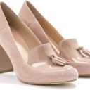 LEHOOR Women Chunky Block High Heel Fringed Pumps Round Toe, Slip On Dress Loafers with Tassel Suede Patent Leather Patchwork for Ladies Girls Office 4-15 M US (8, Beige)