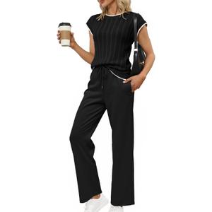 Glamaker Womens Lounge Two Piece Outfits Summer Knit Casual Travel Crew Neck Sets Cap Sleeve Tops & Wide Pants 2025 Trendy (XL, Black)