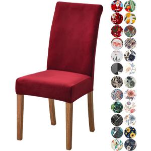 Velvet Chair Covers for Dining Chair Set of 6, Stretchy Soft Parson Chair Covers Removable Washable Kitchen Dining Room Chair Slipcovers with Elastic for Universal Fit (Burgundy)