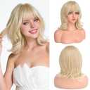 Haloo Blonde Short Bob Wigs with Bangs Shoulder Length Wavy Layered Flipped Ends Natural Looking Medium Synthetic Hair Wig for Women Daily Party, 14 Inch Platinum Blonde