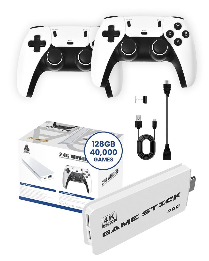 Boltz Retro Stick Gaming Stick  Retro Gaming Console with 40,000+ Classic Video Games, 9 Emulators, 128GB Storage, Plug & Play 4K HDMI Output, Includes 2 Wireless 2.4GHz Controllers