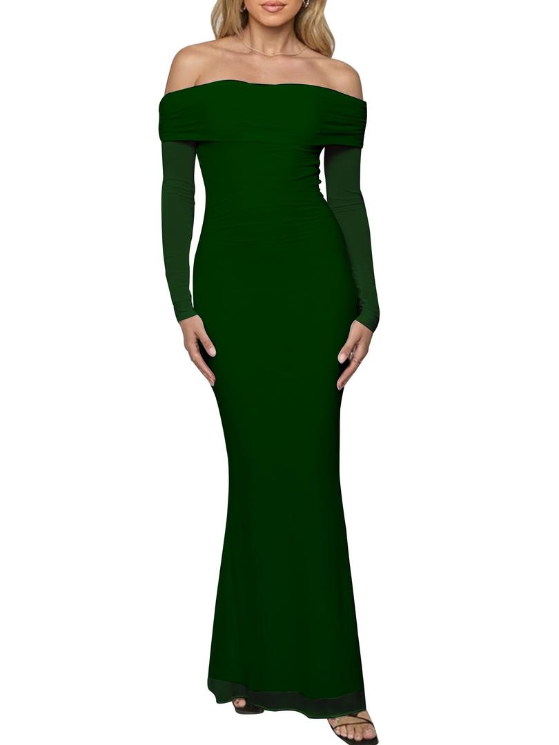 BORIFLORS Women's Elegant Off The Shoulder Bodycon Long Sleeve Maxi Dress Mesh Cocktail Party Wedding Guest Formal Dresses, Size: M
