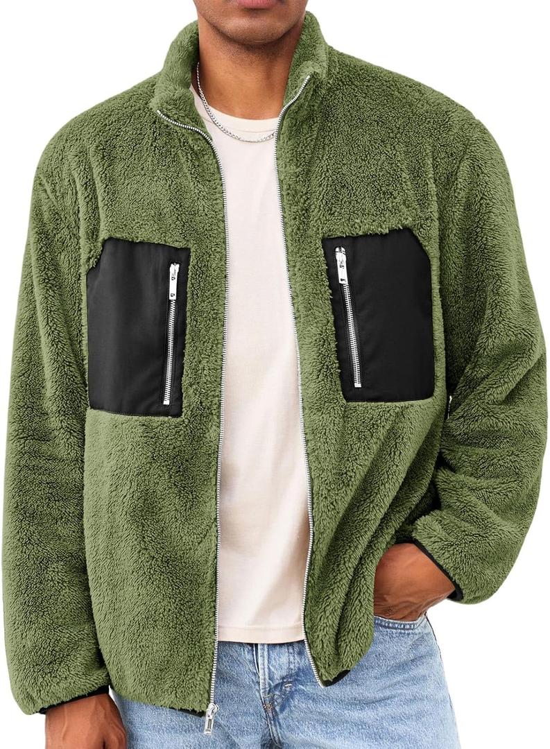 Yousify Mens Fuzzy Sherpa Jacket Casual Fleece Full Zip Stand Collar Coat Fall Winter Warm Outwear (Medium, Army Green)
