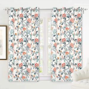 DriftAway Ada Floral Botanical Print Flower Leaf Lined Thermal Insulated Room Darkening Blackout Window Curtains 2 Layers Set of 2 Panels Each 52 Inch by 63 Inch Ivory Orange Teal