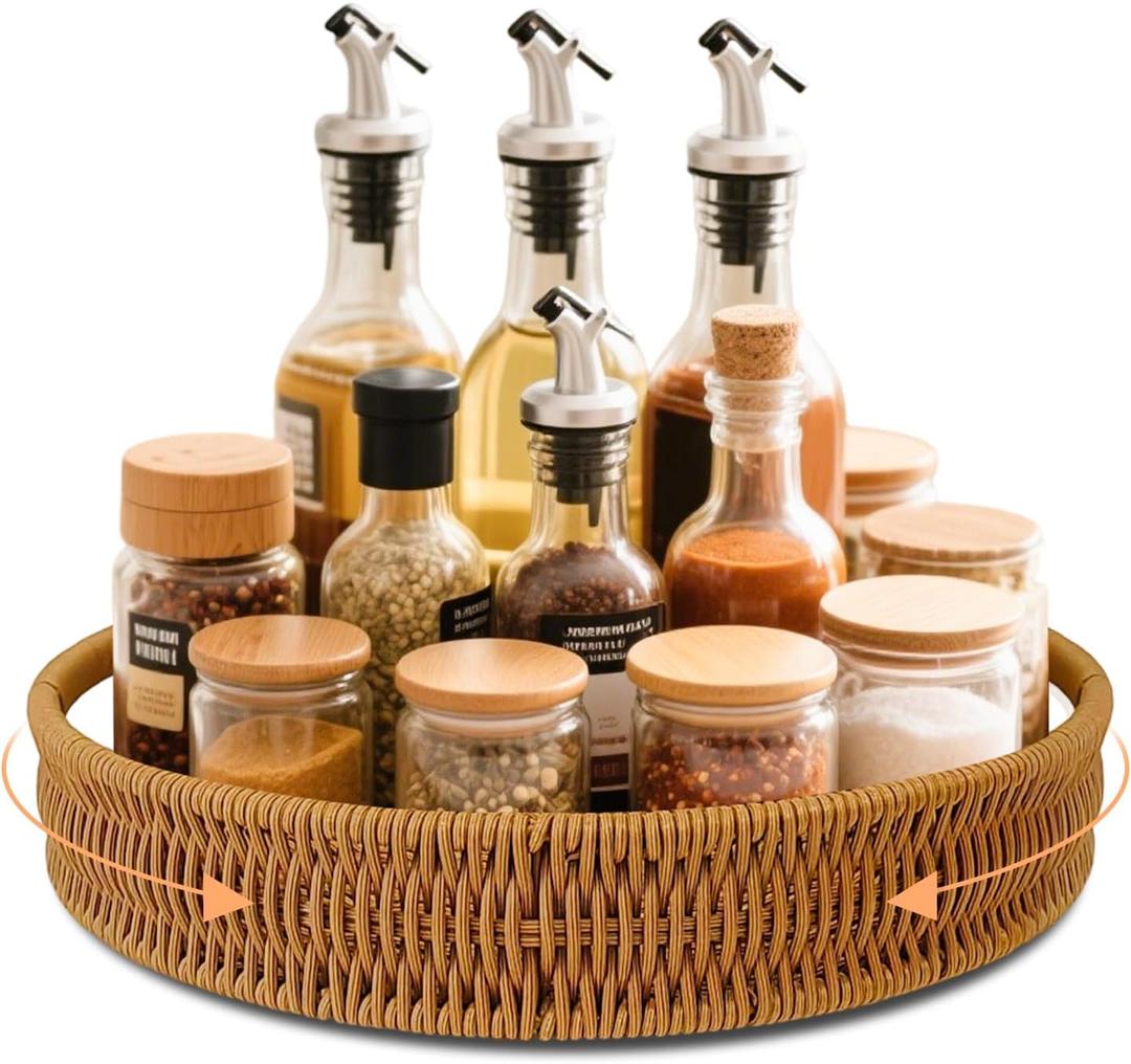 12 Inch Rattan Lazy Susan Organizer for Cabinet, Round Rotating Wicker Turntable Serving Tray with Handles for Kitchen Counter, Coffee Table