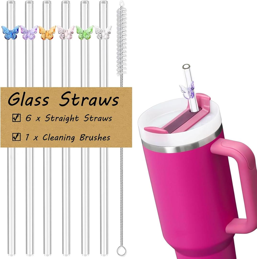 2 x Glass Replacement Straw Compatible with Stanley 40 oz 30 oz Cup Tumbler, 6-Pack Reusable Cute Straws with Cleaning Brush, Clear