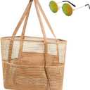 Mesh Beach Tote with Zipper Pockets,with a pair of Sunglasses
