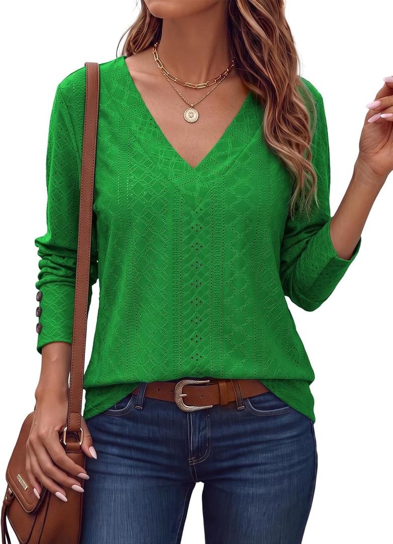 Dokotoo Womens Fall V Neck Long Sleeve Eyelet Embroidered Blouse (Green, S)