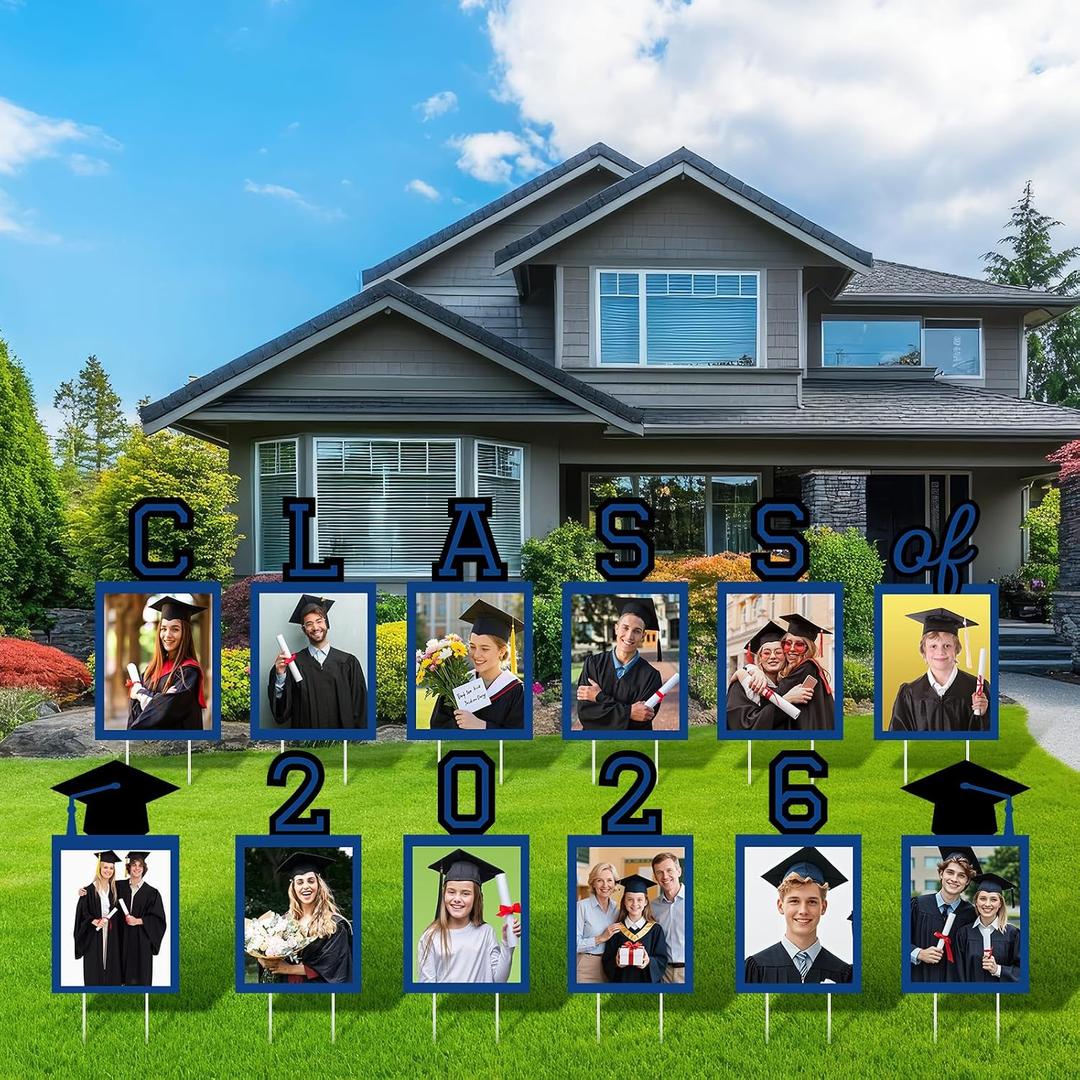 12 Pcs Graduation Photo Yard Sign Decorations 2026, K-12 Grade Graduation School Picture Frame Lawn Sign with Stakes for Kindergarten Middle High School Class of 2026 Grad Party Decorations, Blue