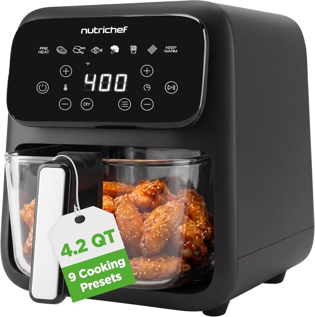 NutriChef 4.2QT Glass Air Fryer | 9-in-1 Preset Cook Modes | Glass Fry Bowl for Best Cooking Results | Cook Steak, Chicken, Fish, Veggies, Fries & More | Temperature & Timer Control | Black