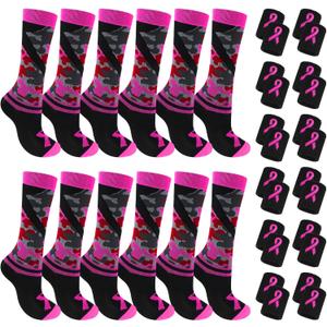 Jiuguva Breast Cancer Awareness Socks Wristbands Set Camo Pink Ribbon Crew Socks (kids sizes) Black Wristbands for Sports