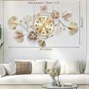 Clocks for Living Room, Large Wall Clock, 3D Silent Wall Clock, Retro Metal Ginkgo Leaf Design, for Bedroom Kitchen Decorative Wall Clocks, 59''x35''