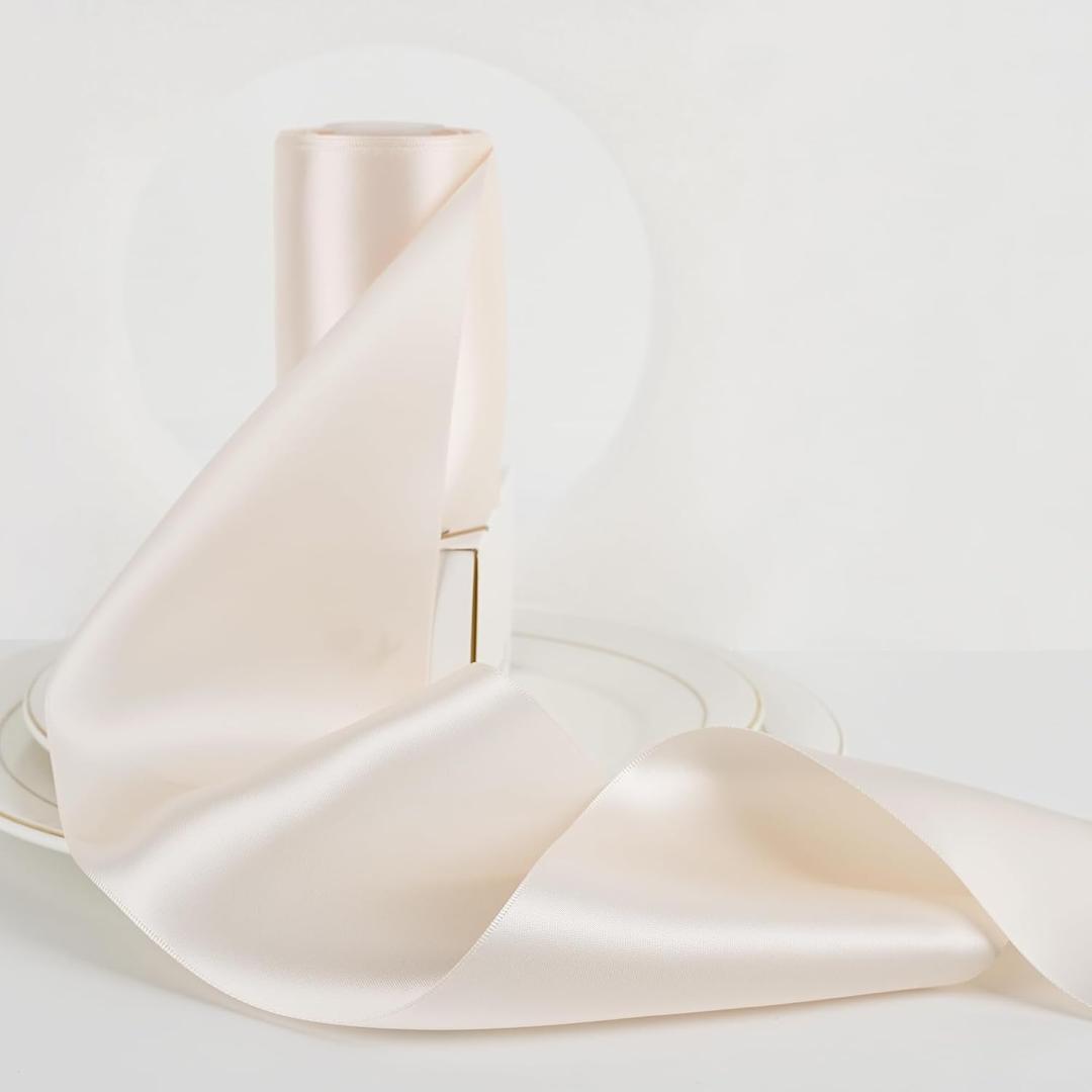 HUIHUANG Light Champagne Ribbon 4 inch Wide Double-Faced Satin Champagne Ribbon for Wedding Chair Sashes Big Bows Making Gift Wrapping Flower Bouquet DIY Crafts Bridal Shower-10 Yards/Roll