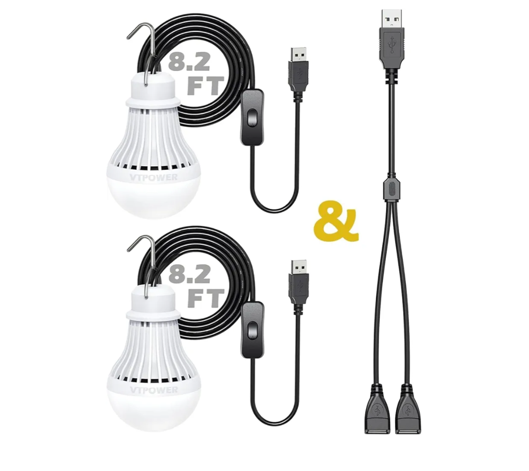 2 Pack USB Light Bulb, USB LED Camping Light Lantern, 8.2 ft Extra Length Cord Tent Light with USB Y-Cable, Portable LED Bulb for Garage Warehouse Car Truck Fishing Boat Room Emergency Light, White