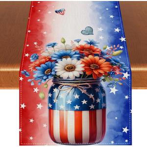 Red White and Blue Vases Flowers Table Runner 4th of July Memorial Day Veterans Day Independence Day Tablecloth Patriotic Decorations and Supplies for Home Kitchen Table-1372''