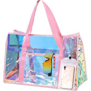 Gohgoh Beach Bag 29L Sand-proof Holographic Beach Bag Iridescent Beach Tote Bag with Zipper and Phone Pouch for Beach, Pool (Pink)