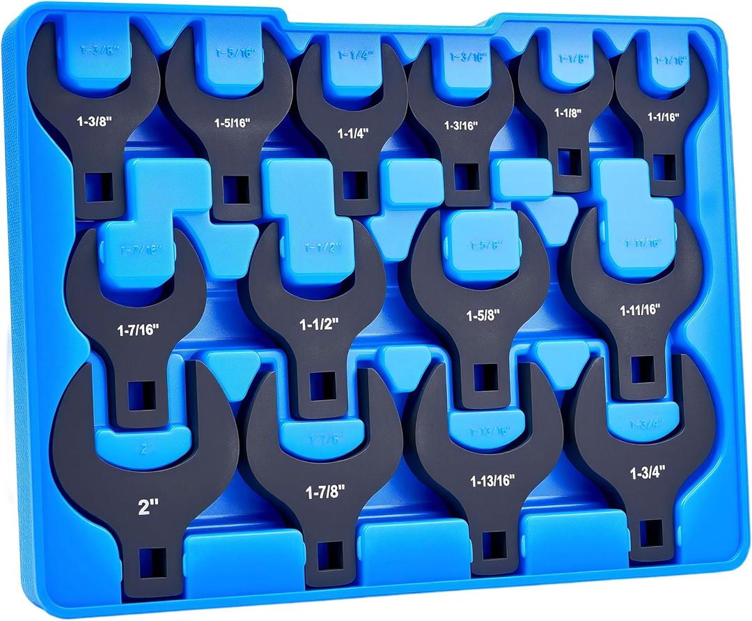 14 Piece Crows Foot Wrench Set, SAE Shockit Crows Foot for 1-1/16" to 2" Flare Nuts for 1/2" Drive Rachets & Extenders, Blackened Cr-V Steel Crowfoot Wrenches