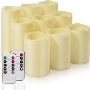 Homemory 9 Pack Flameless Candles, Outdoor Waterproof, Battery Operated LED Pillar Candles with Remote Control and Timer, Plastic, Long Lasting