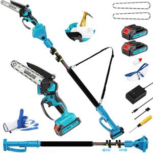 2-in-1 6 In Mini Chainsaw & Electric Pole Saw, Electric Pole Saws for Tree Trimming, 21V Cordless Battery Chainsaw Powered with 2 Batteries, Auto-oil, Chain saw for Tree Pruning/Wood Cutting, Black&blue-pole Saws
