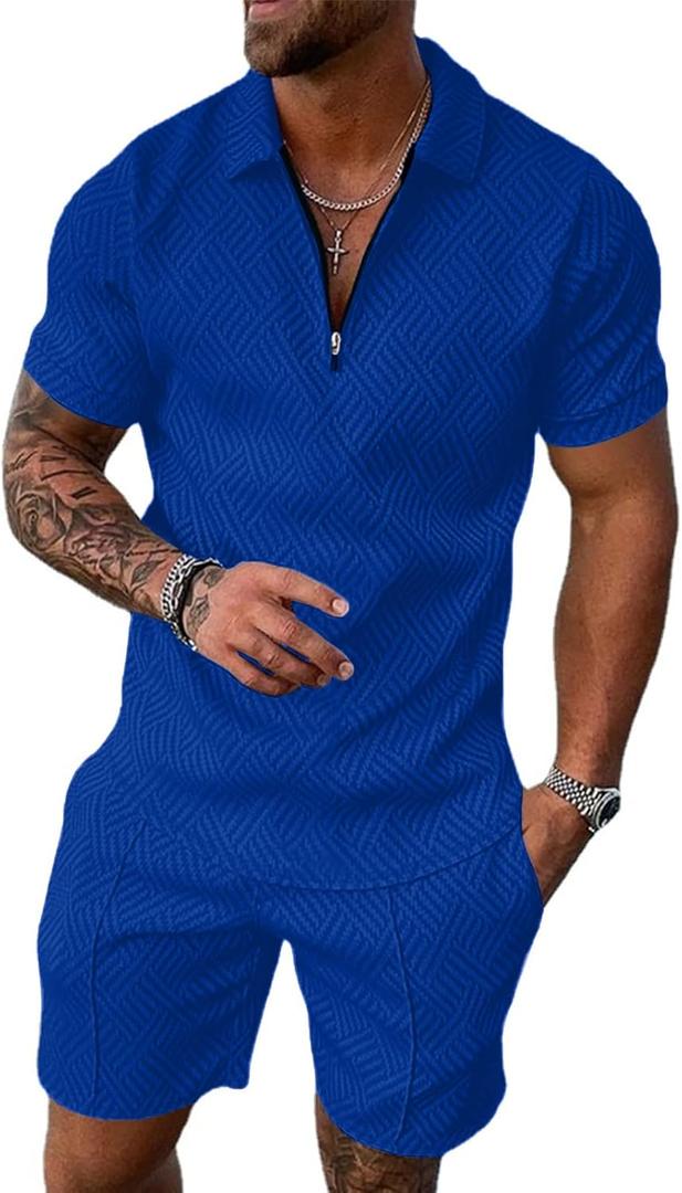 Aulemen Mens 2 Piece Zip Tracksuit Short Sleeve Print Polo Shirt and Shorts Sets Summer Outfits for Men (Small, Navy)