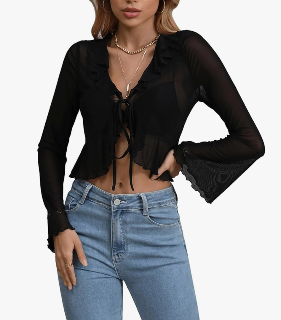 GORGLITTER Women's Tie Front Tops Sheer Mesh Bell Long Sleeve Ruffle Blouse Shirt Crop Top