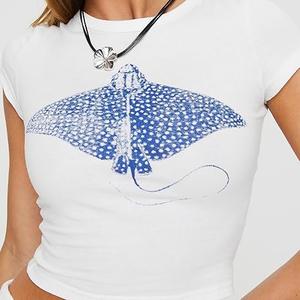 Women's Crew Neck Cropped Tops Short Sleeve Football Angel Wings Print Slim Fit Baby Tees Streetwear
Size S