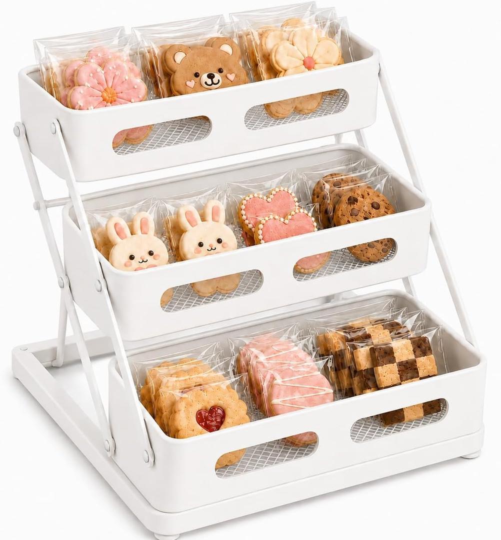 3-Tier Foldable Cookie Display Stand for Vendors, No Assembly Required Portable Bakery Rack for Bakers, Farmers Market Booths & Craft Fairs, Tiered Retail Dessert Display for Cupcakes, Pastries, Muffins & Treats
