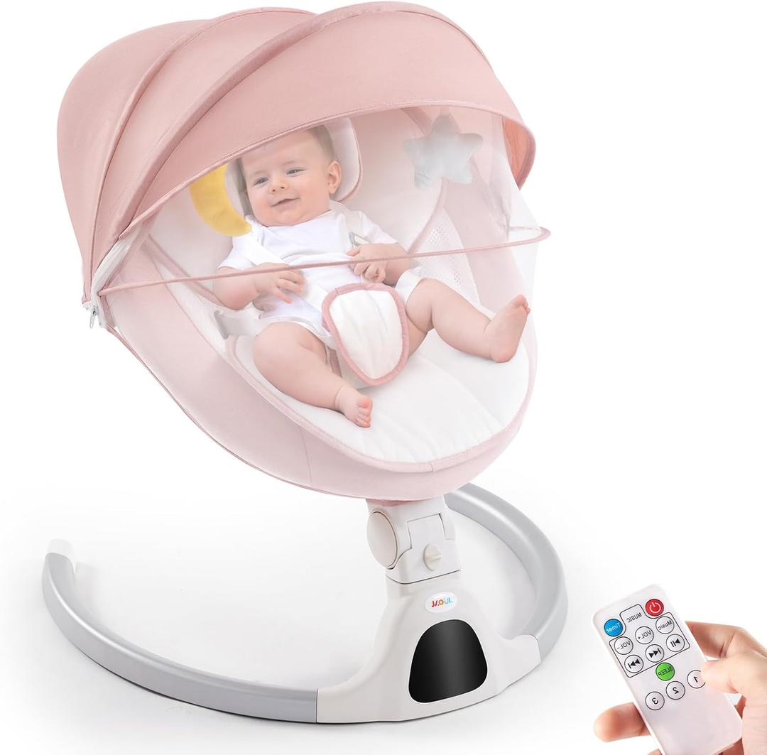 Jaoul Baby Swing for Infants - Electric Portable Newborn Bouncer With Bluetooth Touch Screen/Remote Control, Timing Function, 5 Speeds, 3 Seat Positions for Boys and Girls (Pink)