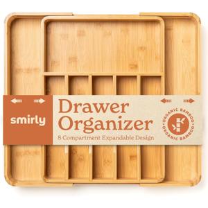 SMIRLY Silverware Drawer Organizer  Bamboo Kitchen Drawer Organizer, Adjustable Utensil Holder and Cutlery Tray, Drawer Dividers for Flatware and Kitchen Utensils (8 Slot, Natural)