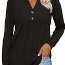 Women Button Down Henley Shirts V Neck Long Sleeve Fashion Dressy Casual Tops Trendy Blouses Loose Fit Tunic (Black, XL)