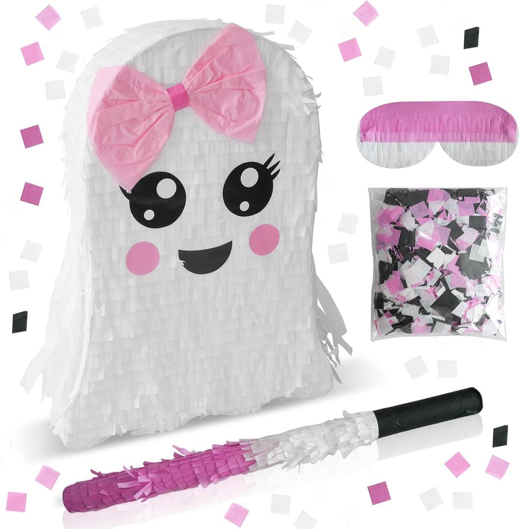 Cute Large Pink Halloween Ghost Piata White Spooky Ghost Piata with Stick and Blindfold Halloween Mexican Piata Birthday Party Game Supply Decorations Fillable for Candy,Toys,Treats
