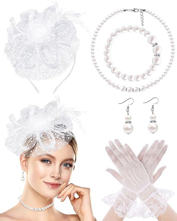 1920s Vintage Fascinators Hat Set for Women Tea Party Hats Veil Mesh Feather Headband Lace Gloves Set 